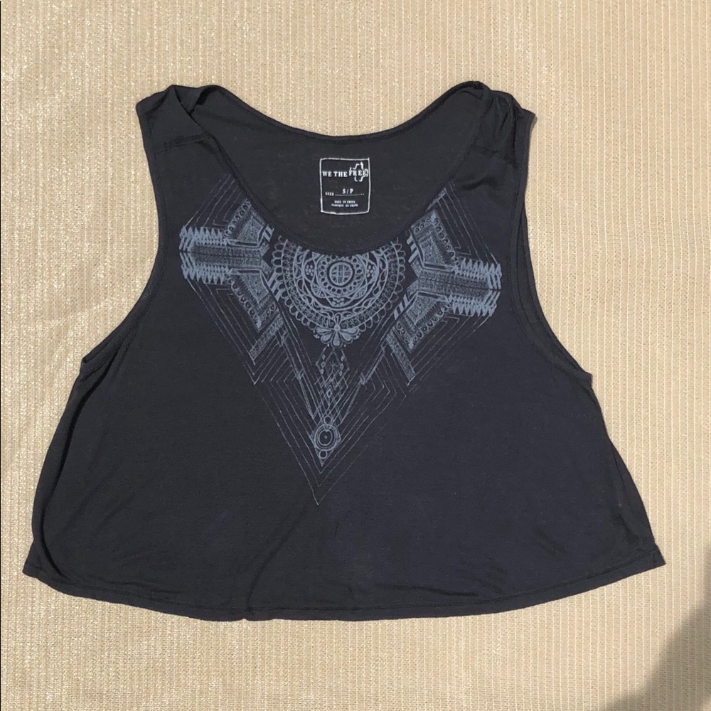 Free People Sleeveless Rayon/Linen Print Top - Charcoal Gray - Roomy Sz. S. EUC